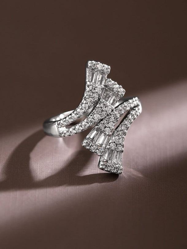 Rubans Rhodium-Plated Baguette & Cubic Zirconia Studded Adjustable Openable Statement Ring Rings
