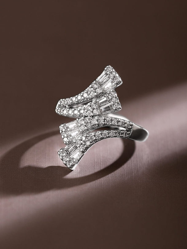 Rubans Rhodium-Plated Baguette & Cubic Zirconia Studded Adjustable Openable Statement Ring Rings