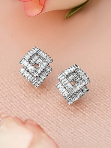 Rubans Rhodium-Plated Baguette Cubic Zirconia Studded Diamond-Shaped Stud Earrings Earrings