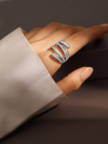 Rubans Rhodium-Plated Baguette-Cut Cubic Zirconia Layered Adjustable Statement Ring Finger Ring