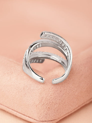 Rubans Rhodium-Plated Baguette-Cut Cubic Zirconia Layered Adjustable Statement Ring Rings