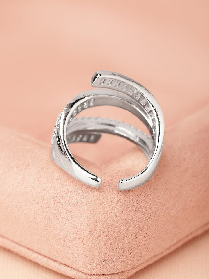 Rubans Rhodium-Plated Baguette-Cut Cubic Zirconia Layered Adjustable Statement Ring Rings