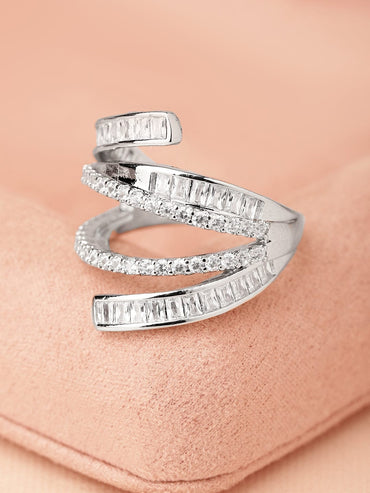 Rubans Rhodium-Plated Baguette-Cut Cubic Zirconia Layered Adjustable Statement Ring Rings