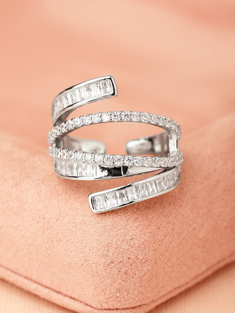Rubans Rhodium-Plated Baguette-Cut Cubic Zirconia Layered Adjustable Statement Ring Rings