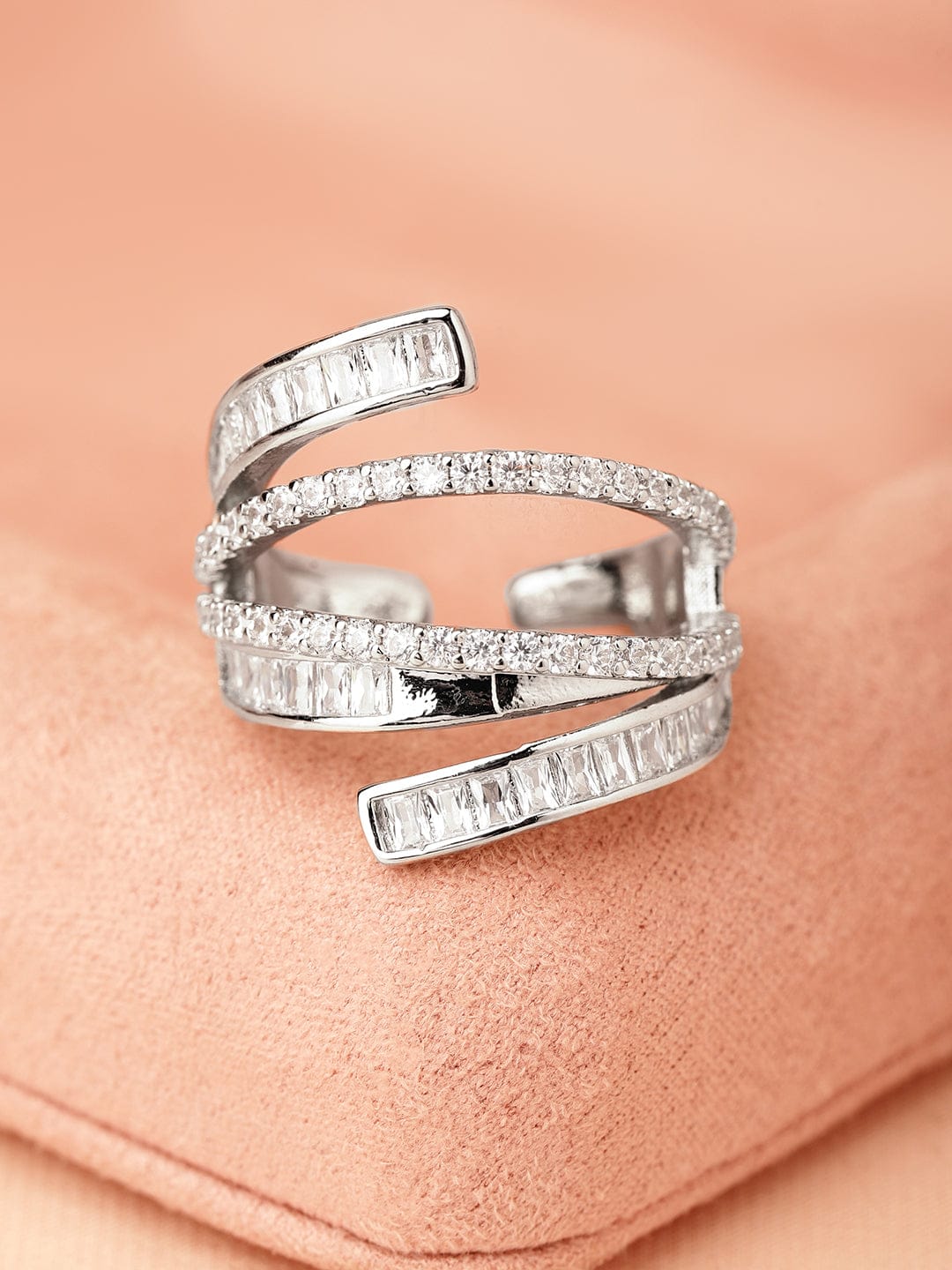 Rubans Rhodium-Plated Baguette-Cut Cubic Zirconia Layered Adjustable Statement Ring Rings