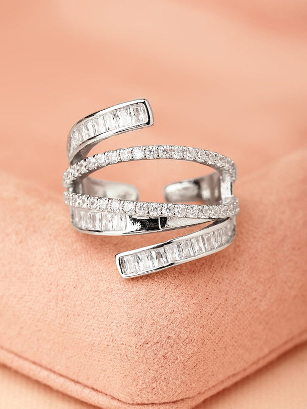 Rubans Rhodium-Plated Baguette-Cut Cubic Zirconia Layered Adjustable Statement Ring Rings