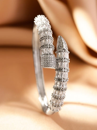Rubans Rhodium-Plated Baguette-Cut Cubic Zirconia Openable Serphant Bracelet Wristwear