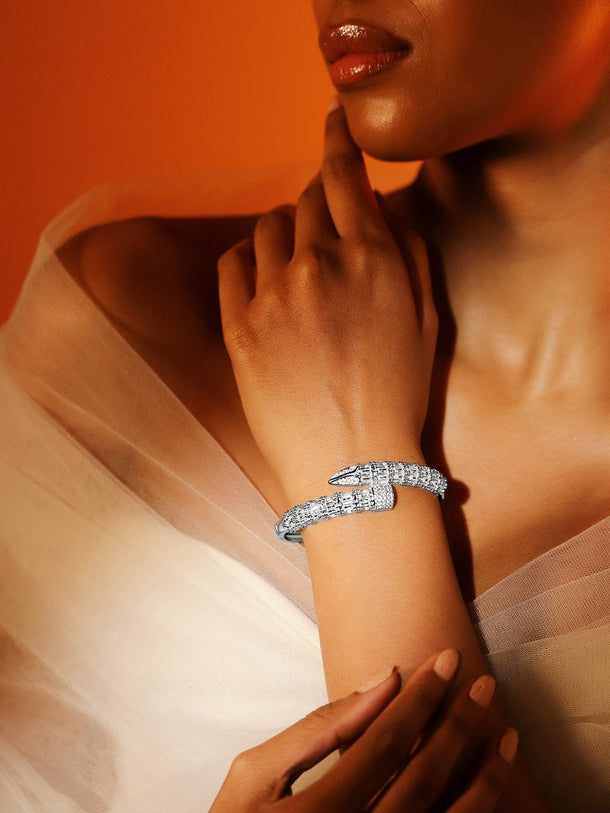 Rubans Rhodium-Plated Baguette-Cut Cubic Zirconia Openable Serphant Bracelet Wristwear