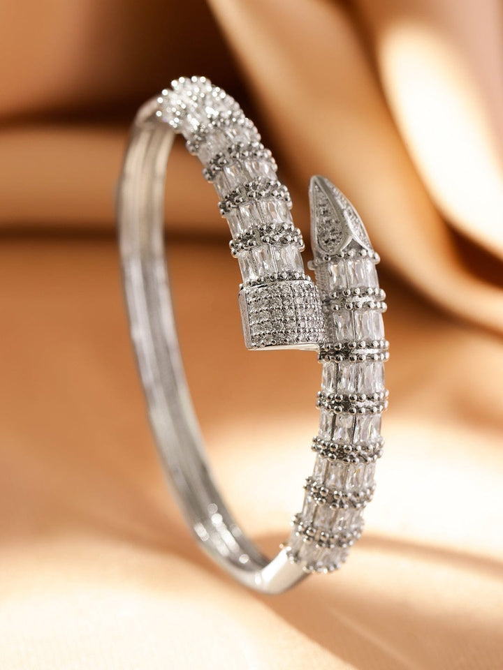 Rubans Rhodium-Plated Baguette-Cut Cubic Zirconia Openable Serphant Bracelet Wristwear