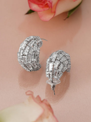 Rubans Rhodium-Plated Baguette-Cut Cubic Zirconia Statement Half Hoop Earrings Earrings