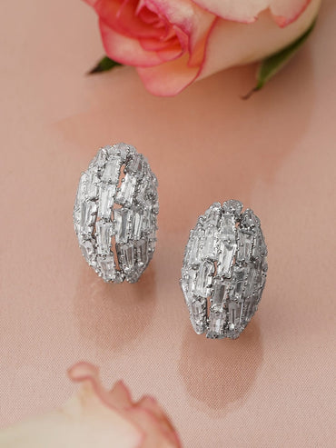 Rubans Rhodium-Plated Baguette-Cut Cubic Zirconia Statement Half Hoop Earrings Earrings