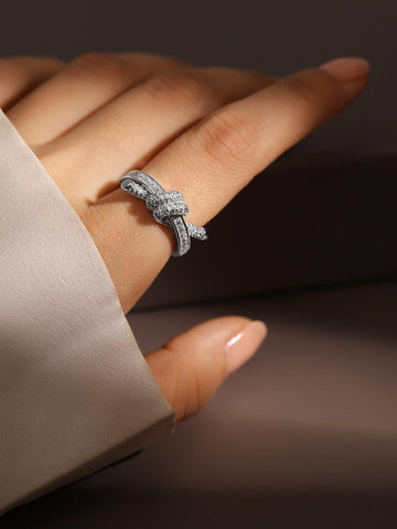 Rubans Rhodium-Plated Baguette & PavÃƒÂ© Cubic Zirconia Studded Knot Design Openable Ring Finger Ring