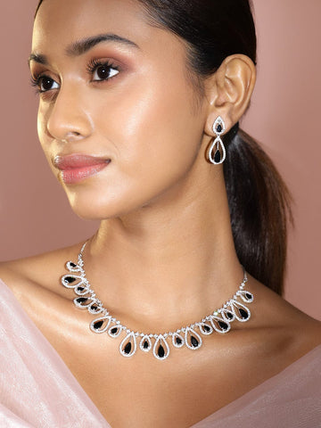 Rubans Rhodium Plated Black AD & White Cubic Zirconia Studded Teardrop Design Premium Jewellery Set Jewellery Set