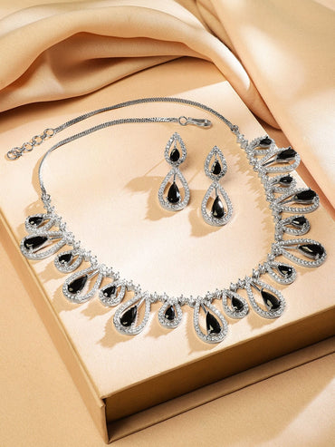 Rubans Rhodium Plated Black AD & White Cubic Zirconia Studded Teardrop Design Premium Jewellery Set Jewellery Set