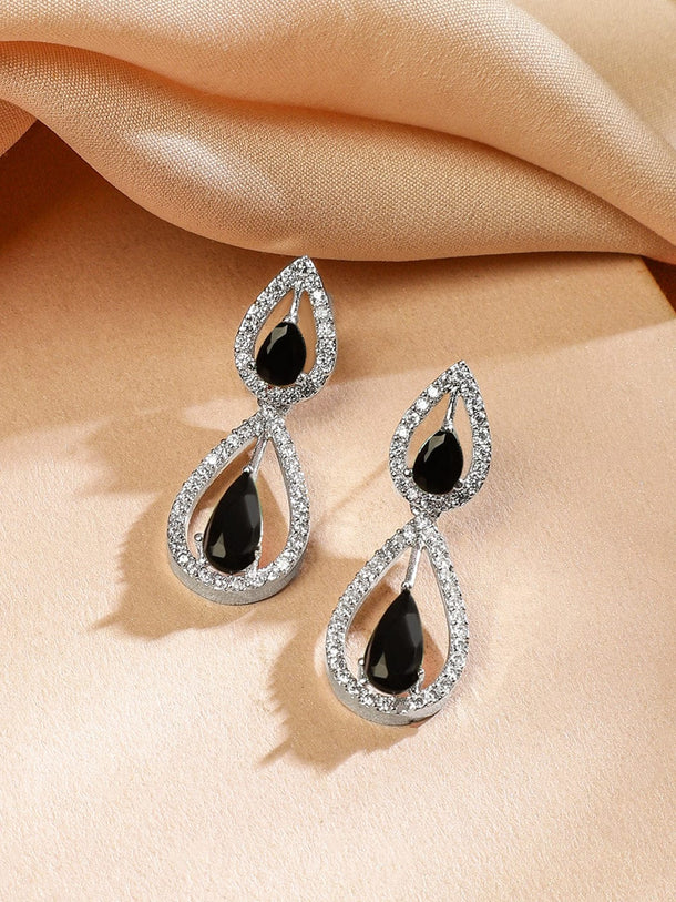 Rubans Rhodium Plated Black AD & White Cubic Zirconia Studded Teardrop Design Premium Jewellery Set Jewellery Set
