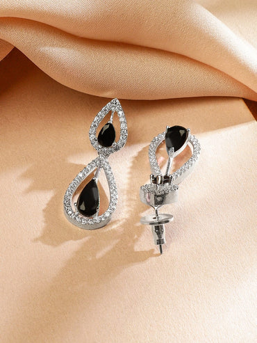 Rubans Rhodium Plated Black AD & White Cubic Zirconia Studded Teardrop Design Premium Jewellery Set Jewellery Set
