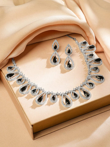 Rubans Rhodium Plated Black AD & White Cubic Zirconia Studded Teardrop Design Premium Jewellery Set Necklace Set