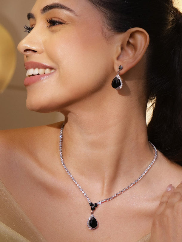Rubans Rhodium-Plated Black Crystal AD and Cubic Zirconia Studded Necklace Set Necklace Set