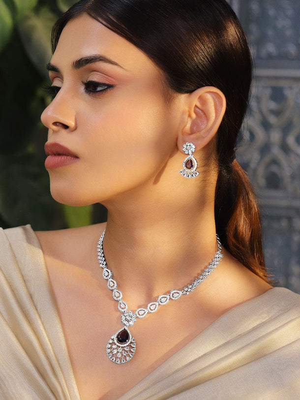 Rubans Rhodium-Plated Black Onyx AD & Cubic Zirconia Studded Necklace Set Necklace Set