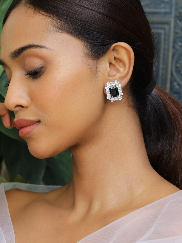 Rubans Rhodium-Plated Black Onyx & Cubic Zirconia Studded Statement Studs Earrings Earrings