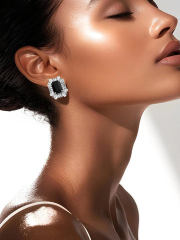 Rubans Rhodium-Plated Black Onyx & Cubic Zirconia Studded Statement Studs Earrings Studs Earrings