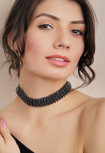 Rubans Rhodium Plated Black Oxidized Rhinestone Studded Statement Choker Necklace Necklace & Chains