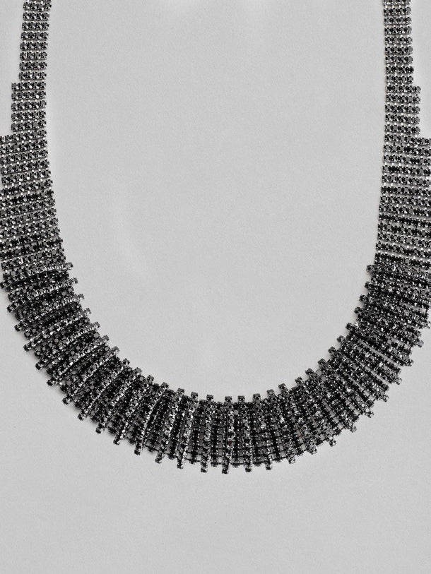 Rubans Rhodium Plated Black Oxidized Rhinestone Studded Statement Choker Necklace Necklace & Chains