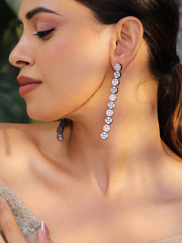 Rubans Rhodium-Plated Black-Tone Pastel Pink & White Cubic Zirconia Studded Drop Earrings Earrings