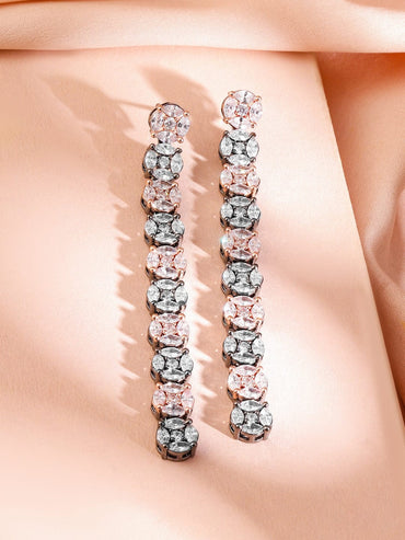 Rubans Rhodium-Plated Black-Tone Pastel Pink & White Cubic Zirconia Studded Drop Earrings Earrings