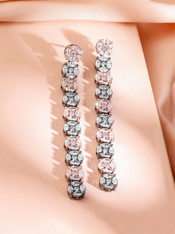 Rubans Rhodium-Plated Black-Tone Pastel Pink & White Cubic Zirconia Studded Drop Earrings Earrings