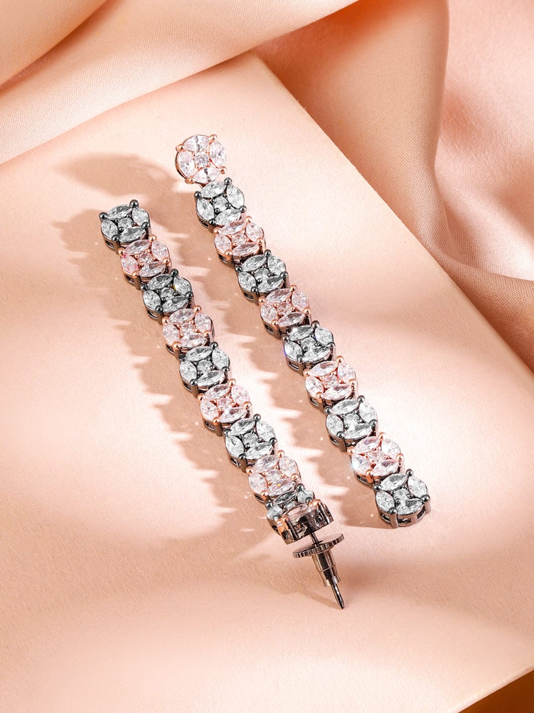Rubans Rhodium-Plated Black-Tone Pastel Pink & White Cubic Zirconia Studded Drop Earrings Earrings