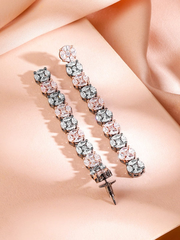 Rubans Rhodium-Plated Black-Tone Pastel Pink & White Cubic Zirconia Studded Drop Earrings Earrings