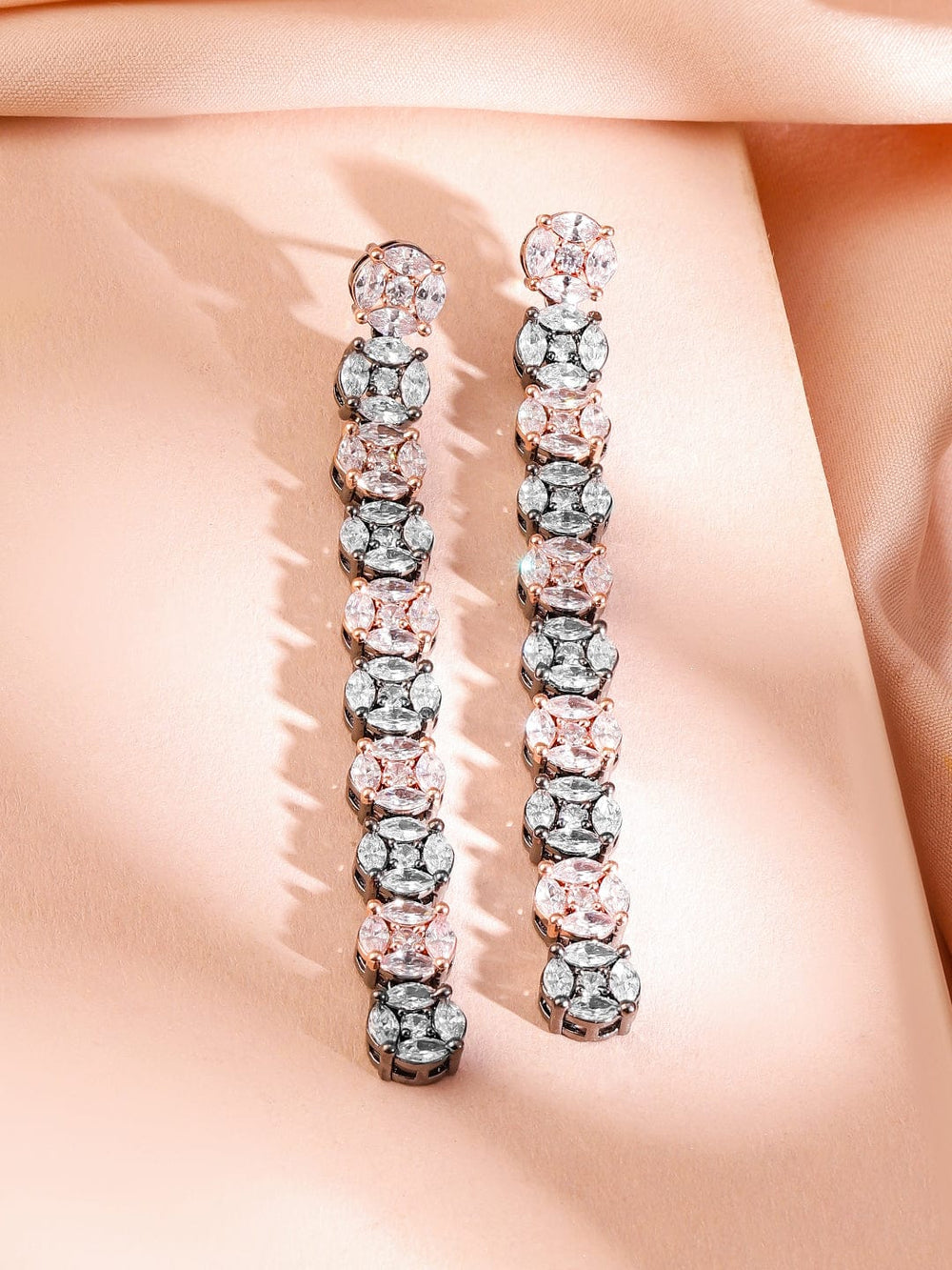 Rubans Rhodium-Plated Black-Tone Pastel Pink & White Cubic Zirconia Studded Drop Earrings Earrings