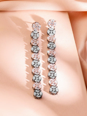 Rubans Rhodium-Plated Black-Tone Pastel Pink & White Cubic Zirconia Studded Drop Earrings Earrings