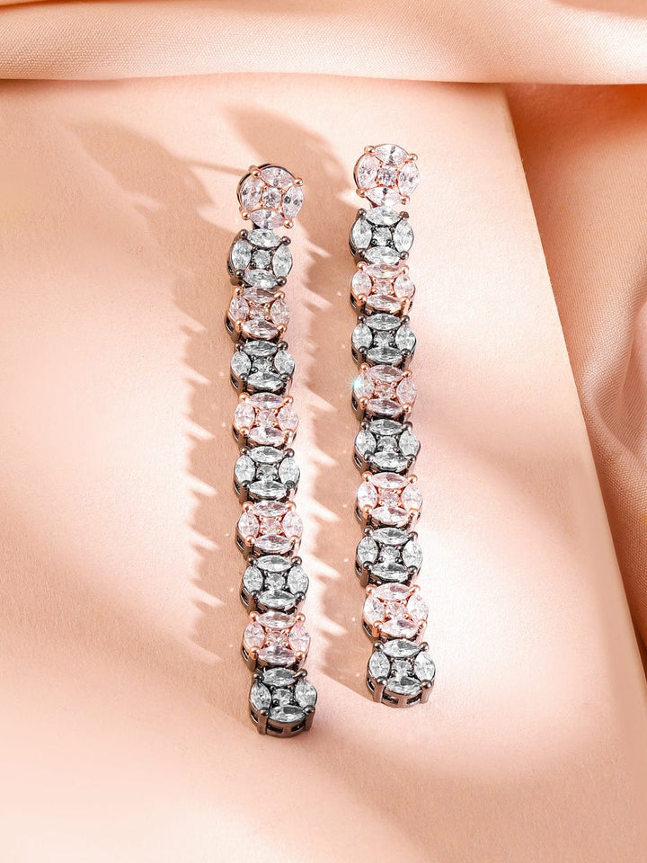 Rubans Rhodium-Plated Black-Tone Pastel Pink & White Cubic Zirconia Studded Drop Earrings Earrings
