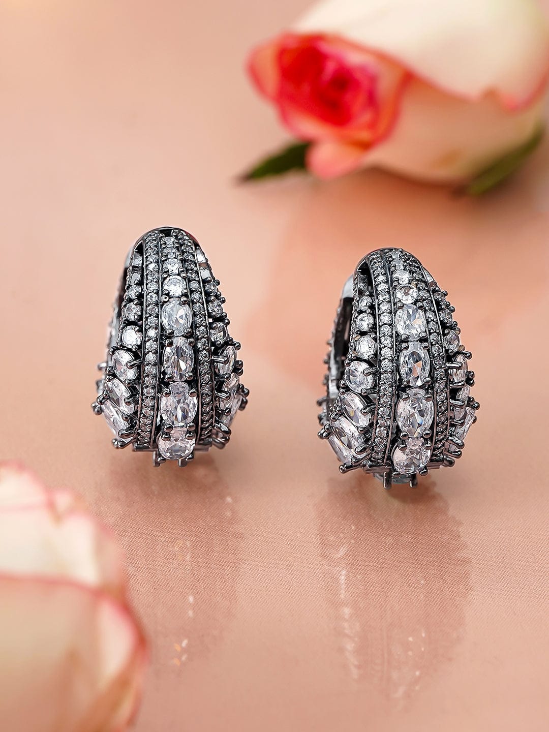 Rubans Rhodium-Plated Black-Toned AAA Cubic Zirconia Statement Detailing Hoop Earrings Earrings