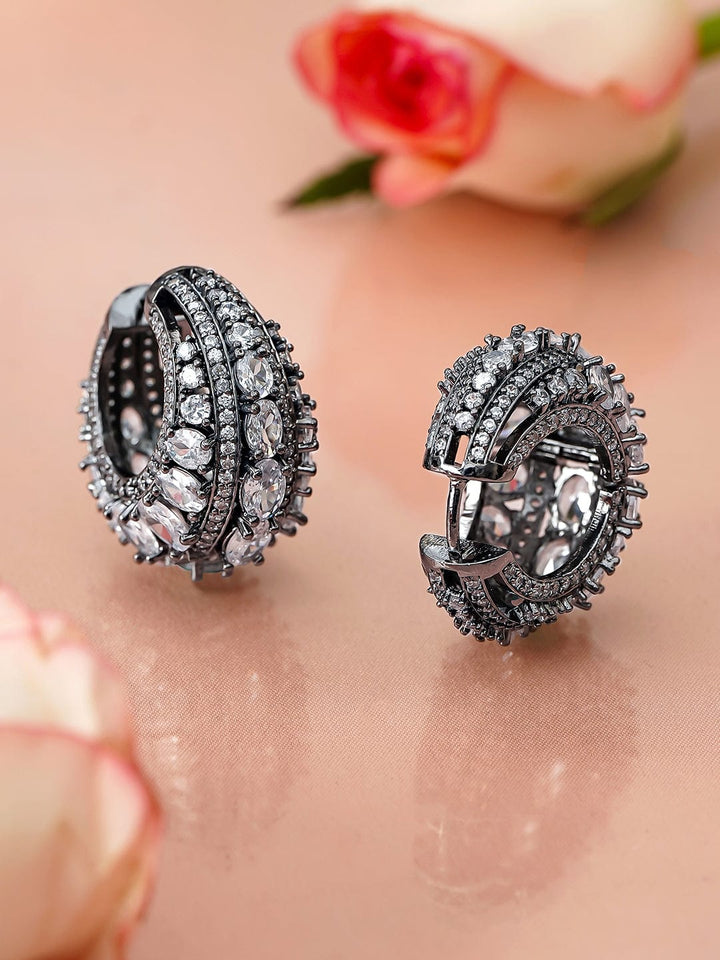 Rubans Rhodium-Plated Black-Toned AAA Cubic Zirconia Statement Detailing Hoop Earrings Earrings