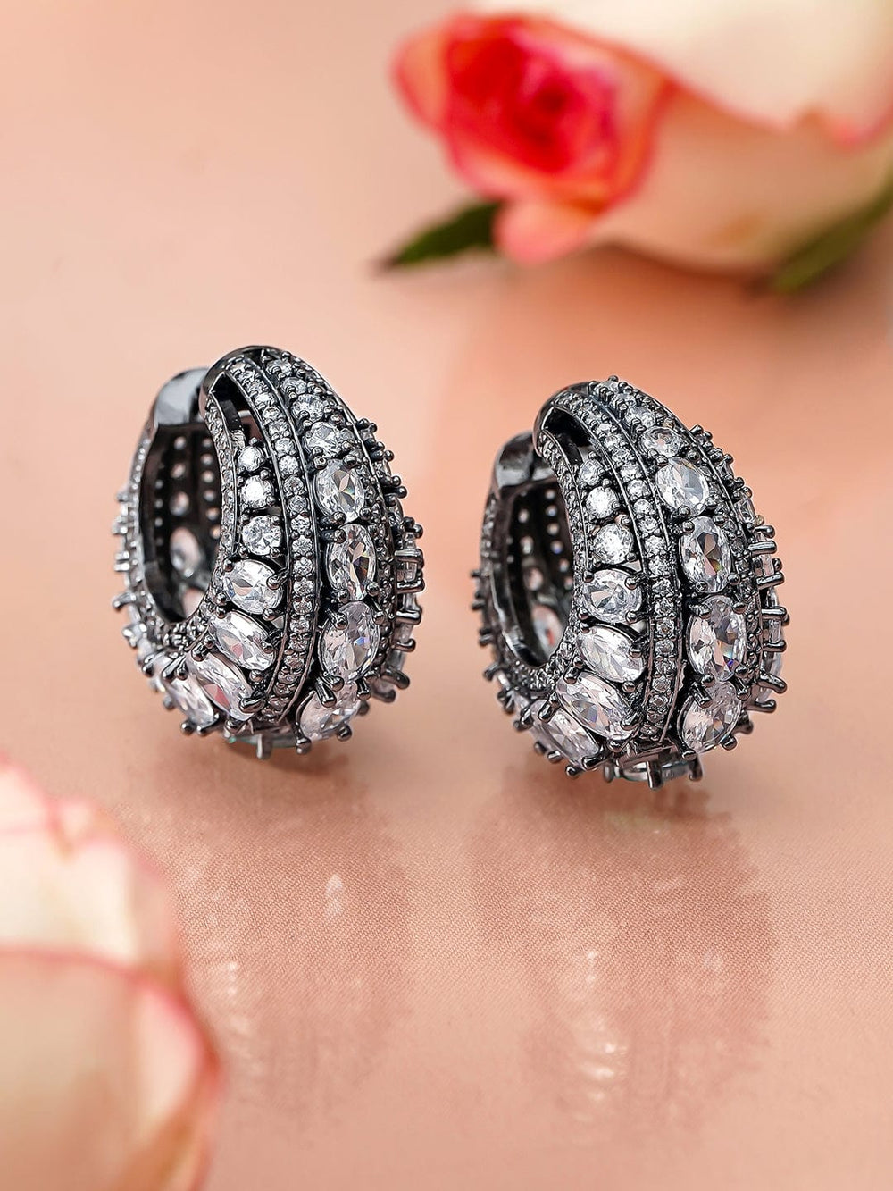 Rubans Rhodium-Plated Black-Toned AAA Cubic Zirconia Statement Detailing Hoop Earrings Earrings