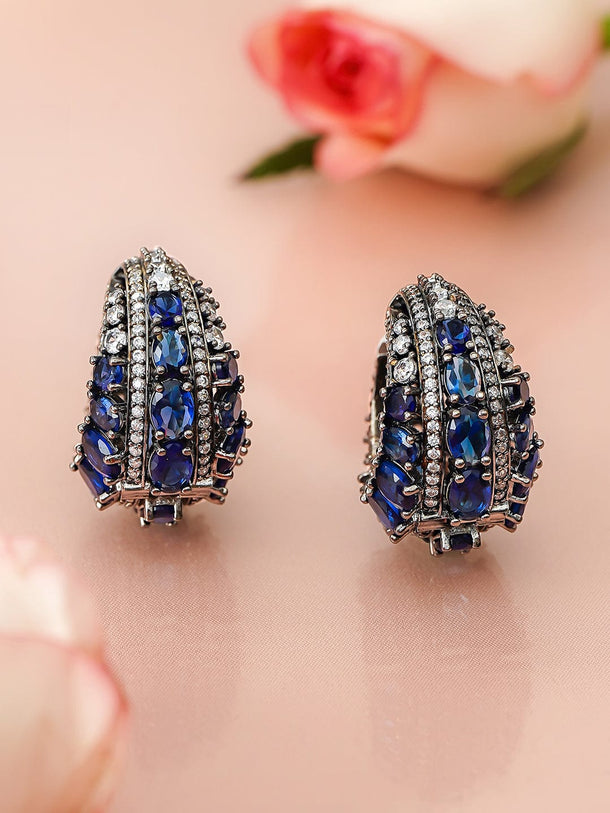 Rubans Rhodium-Plated Black-Toned Blue AD & AAA Cubic Zirconia Luxe Statement Hoop Earring Earrings