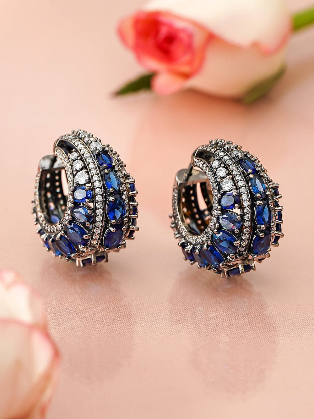 Rubans Rhodium-Plated Black-Toned Blue AD & AAA Cubic Zirconia Luxe Statement Hoop Earring Earrings