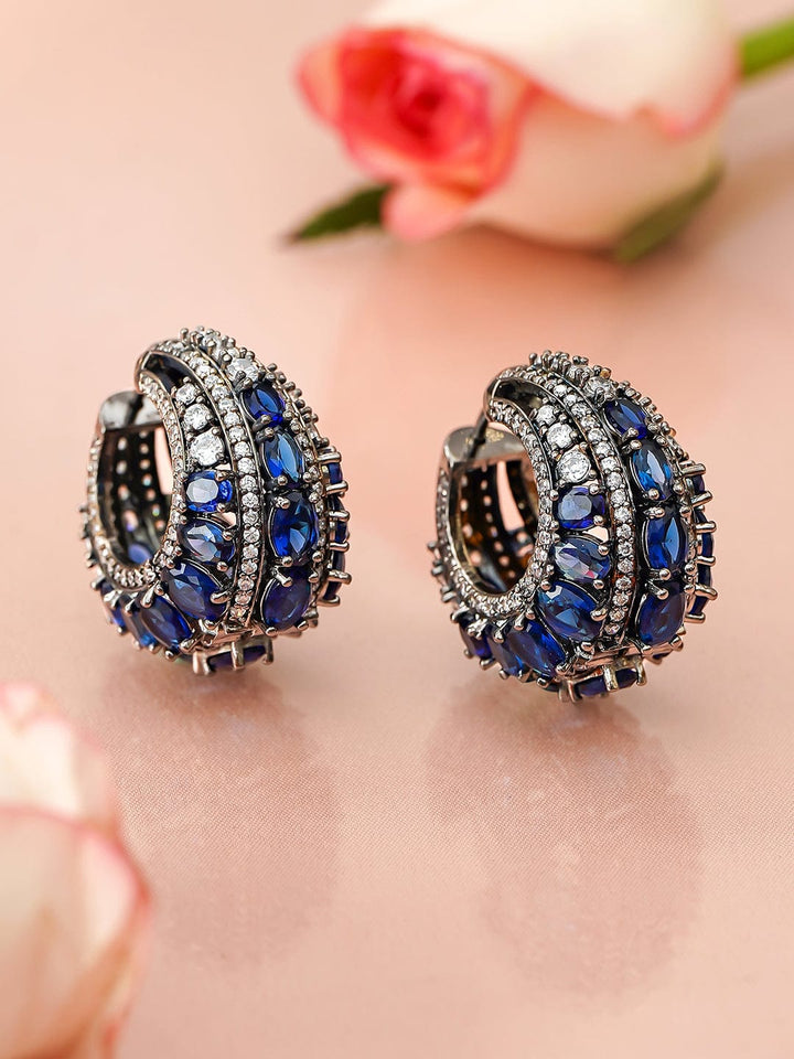Rubans Rhodium-Plated Black-Toned Blue AD & AAA Cubic Zirconia Luxe Statement Hoop Earring Earrings
