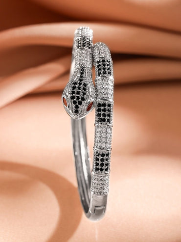 Rubans Rhodium-Plated Black & White Cubic Zirconia Snake Design Openable Demi-Fine Bracelet Wristwear