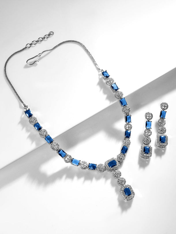 Rubans Rhodium-Plated Blue AD & Cubic Zirconia Studded Statement Jewelry Set Jewellery Set