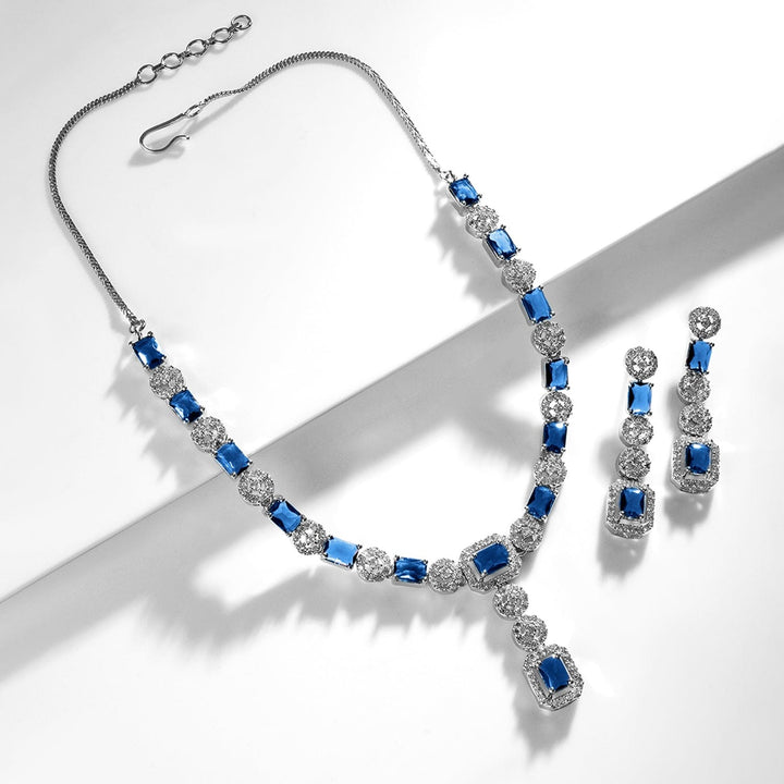 Rubans Rhodium-Plated Blue AD & Cubic Zirconia Studded Statement Jewelry Set Necklace Set