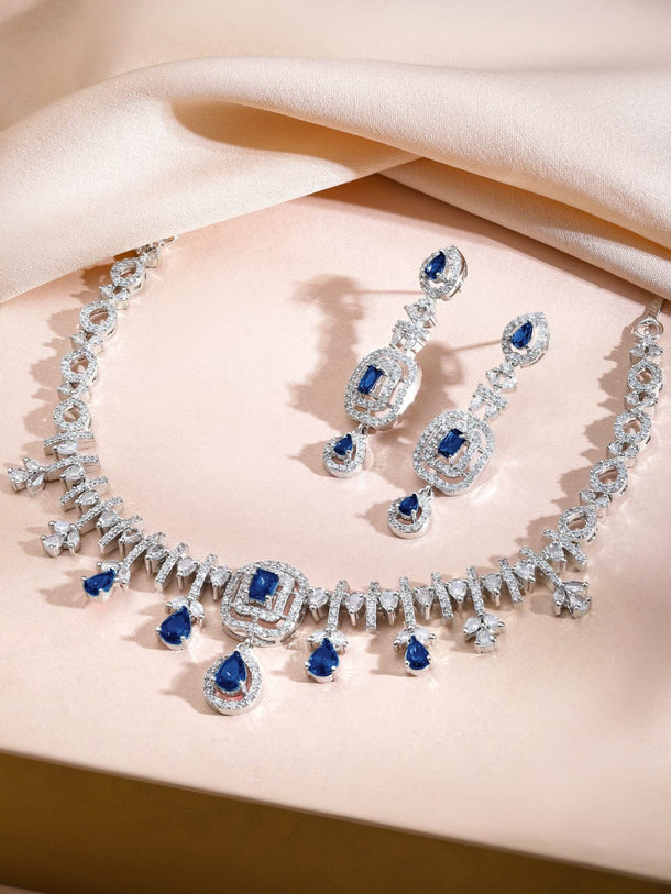 Rubans Rhodium-Plated Blue AD Stone & Cubic Zirconia Studded Elegant Necklace Set Jewellery Set