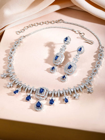Rubans Rhodium-Plated Blue AD Stone & Cubic Zirconia Studded Elegant Necklace Set Jewellery Set
