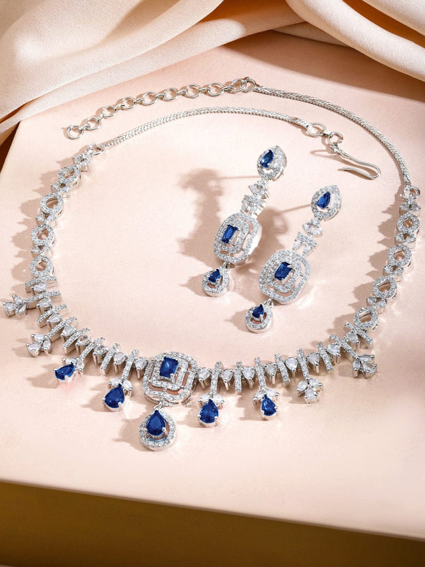 Rubans Rhodium-Plated Blue AD Stone & Cubic Zirconia Studded Elegant Necklace Set Jewellery Set