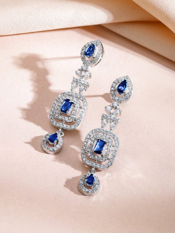 Rubans Rhodium-Plated Blue AD Stone & Cubic Zirconia Studded Elegant Necklace Set Jewellery Set