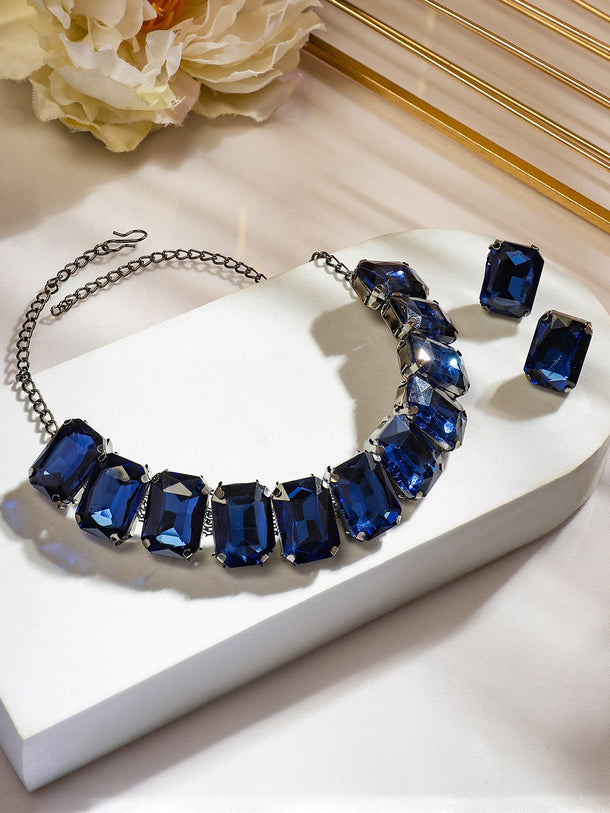 Rubans Rhodium-Plated Blue Crystal Cubic Zirconia Studded Statement Choker Jewelry Set Jewellery Set