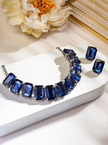 Rubans Rhodium-Plated Blue Crystal Cubic Zirconia Studded Statement Choker Jewelry Set Jewellery Set